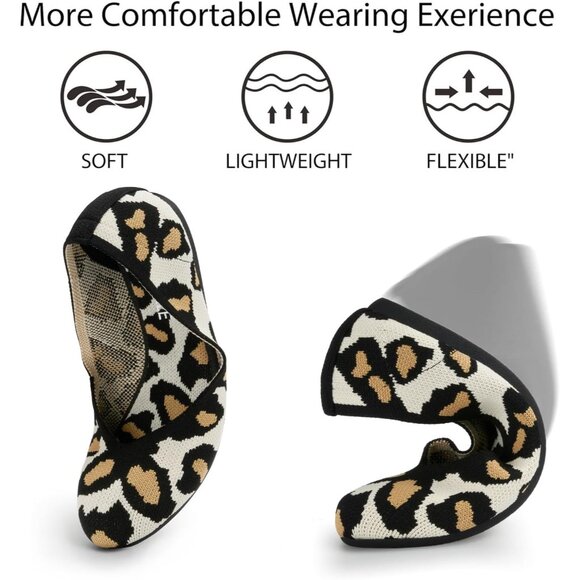 Women Knit Ballet Leopard Flats Round Toe Comfortable Dressy Casual Work Shoes - Picture 3 of 5